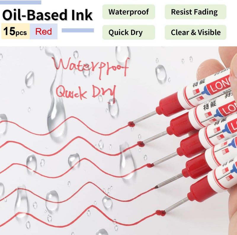 Mkobon 15 Pcs Long Head Deep Hole Marker, 20 mm Long Nose Nib Deep Reach Metal Marking Pen, Quick-drying Waterproof Permanent Pens For Carpenter, Woodworking, Construction (Red) - Image 4
